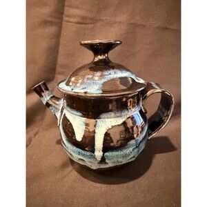 Signed Studio Pottery Teapot Black & Blue Drip Glaze Handmade Art